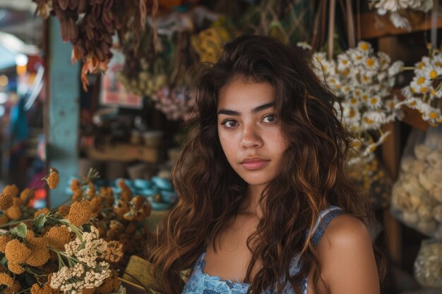 Portrait d'une femme travaillant dans un magasin de fleurs séchées