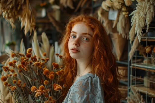 Portrait d'une femme travaillant dans un magasin de fleurs séchées