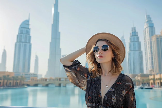 Photo gratuite portrait d'une femme visitant la ville luxueuse de dubaï