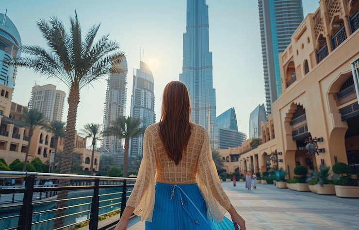 Photo gratuit portrait d'une femme visitant la ville luxueuse de dubaï