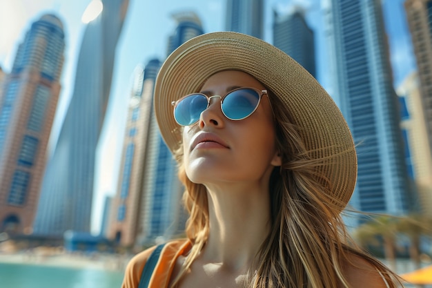 Photo gratuite portrait d'une femme visitant la ville luxueuse de dubaï