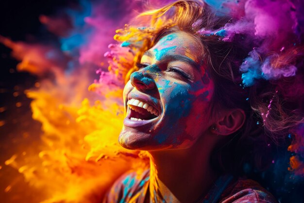 Portrait d'une fille au festival Holi arc-en-ciel de couleurs et une fête de bonheur multicolore