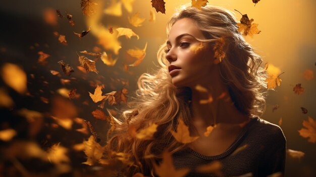 Portrait d'une fille dans les feuilles d'automne