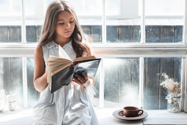 Portrait, fille, séance, fenêtre, lecture, livre