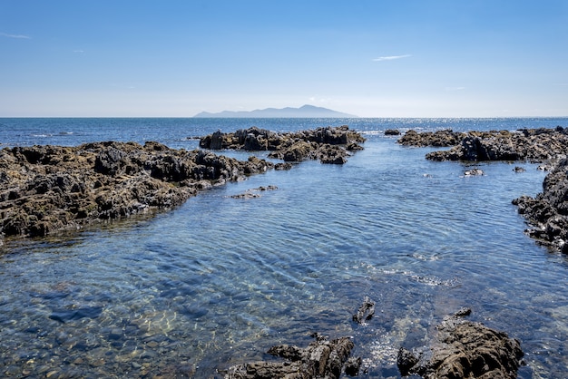 Portrait de formations rocheuses dans l'eau de la baie de Pukerua en Nouvelle-Zélande