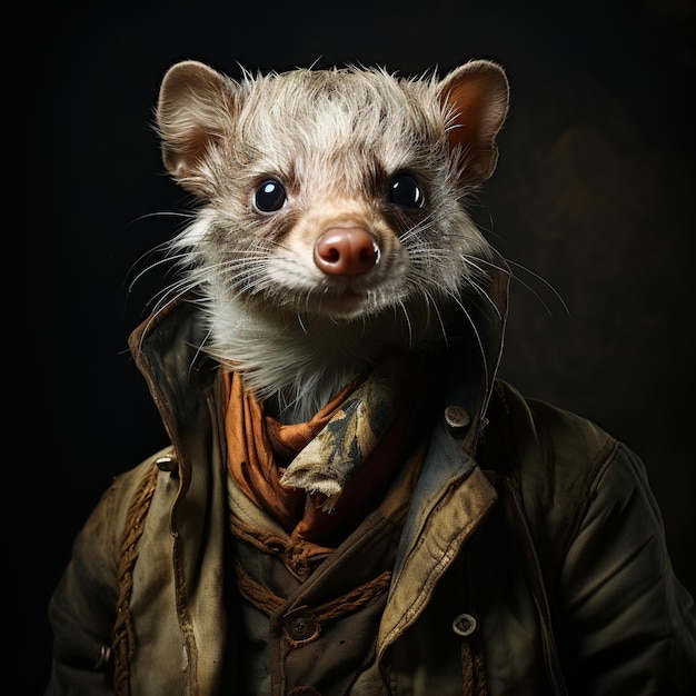 Portrait d'un furet en veste de cuir et écharpe sur fond sombre