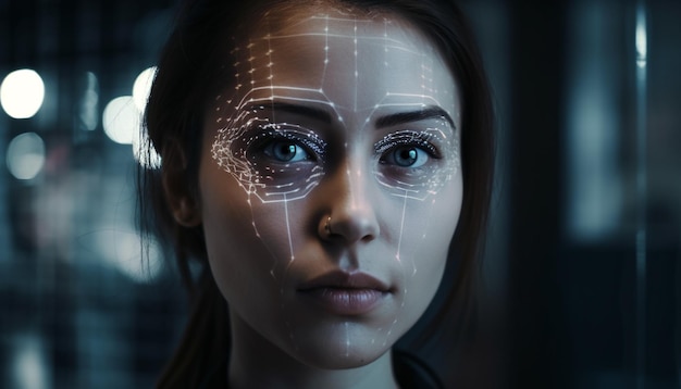 Le portrait futuriste de jeune femme adulte brille la sensualité générée par l'IA