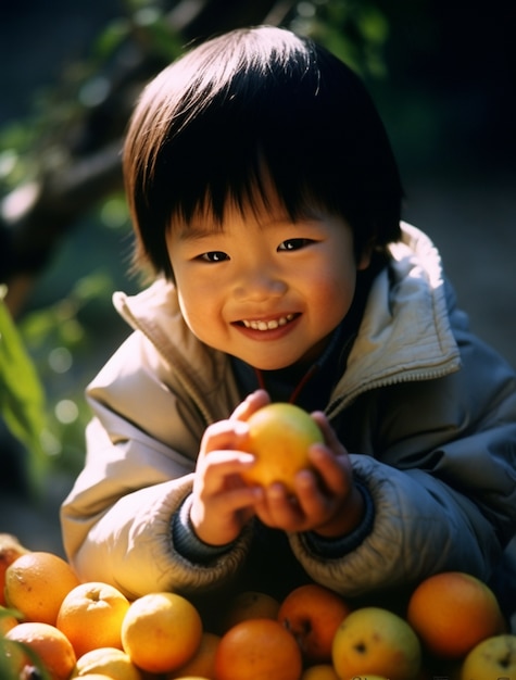 Photo gratuite portrait d'un garçon avec des abricots