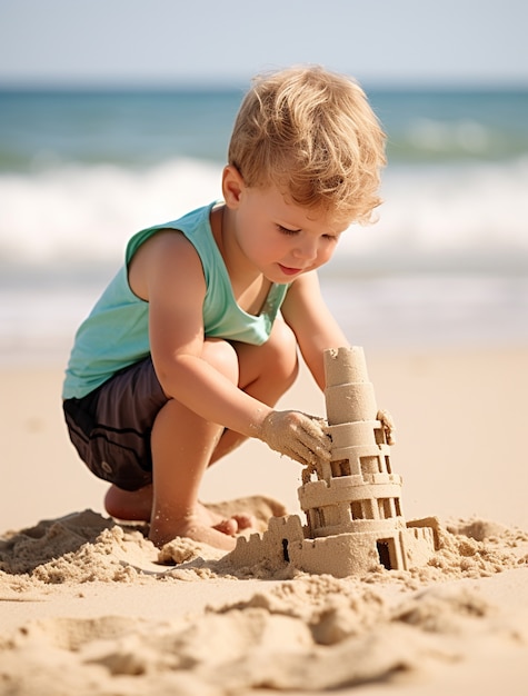 Photo gratuite portrait d'un garçon qui construit un château de sable