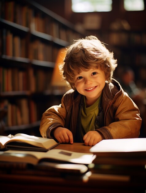 Portrait d'un garçon qui lit à la bibliothèque