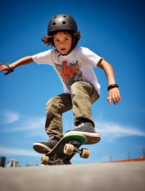 Portrait d'un garçon qui s'amuse en faisant du skateboard