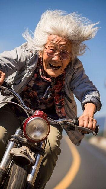 Portrait de grand-mère asiatique à vélo