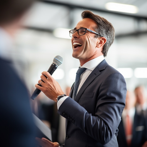 Photo gratuite portrait d'un homme d'affaires élégant et professionnel s'exprimant lors d'une conférence