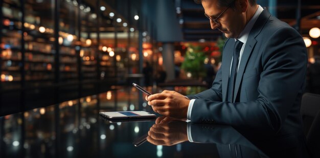 Portrait d'un homme d'affaires travaillant le soir au bureau en utilisant les technologies numériques modernes, généré par l'IA