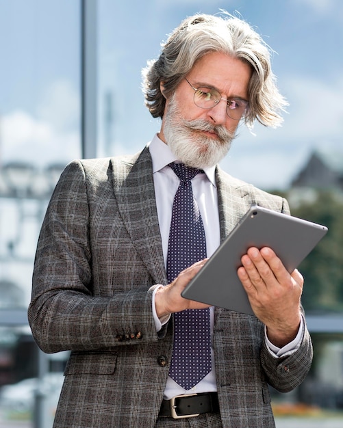 Portrait d'homme barbu élégant tenant une tablette