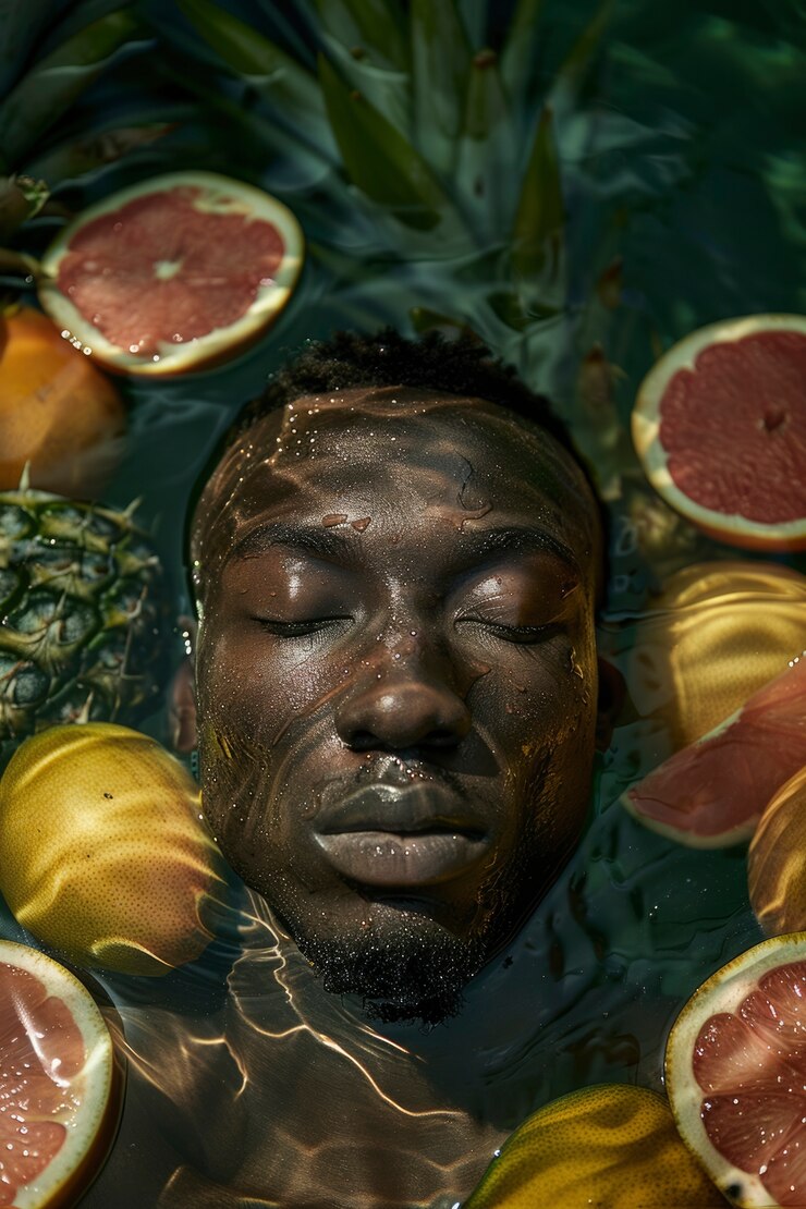 Photo gratuit portrait d'un homme dans l'eau et de fruits tropicaux en été