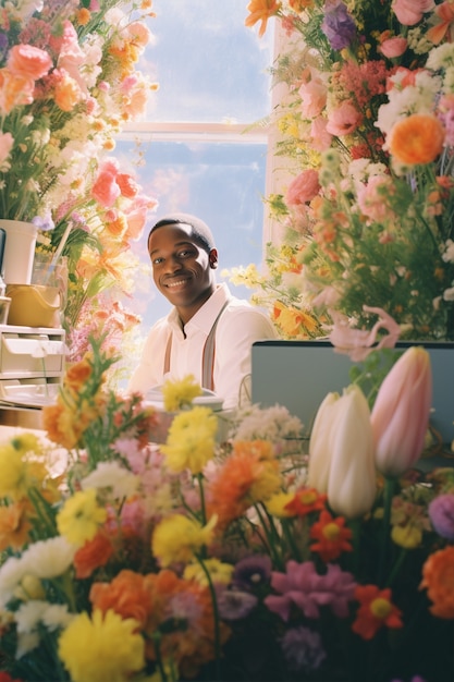 Photo gratuite portrait d'un homme avec des fleurs de printemps en fleurs