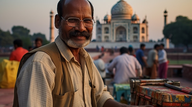 Photo gratuite portrait d'homme près du taj mahal