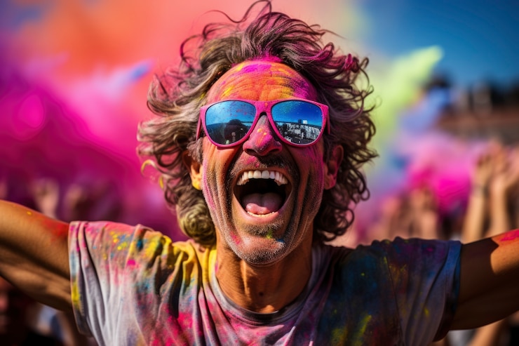 Photo gratuit portrait d'un homme souriant au festival holi avec de la poudre colorée