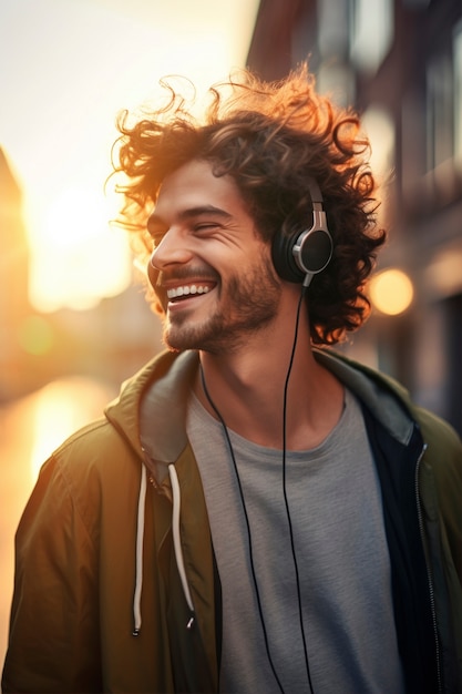 Portrait d'un homme souriant en écoutant de la musique