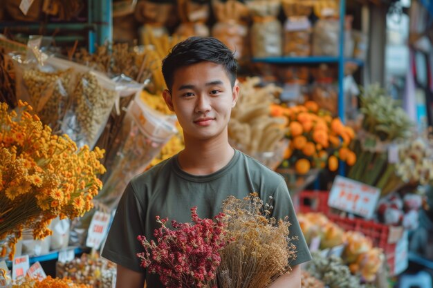 Portrait d'un homme travaillant dans un magasin de fleurs séchées