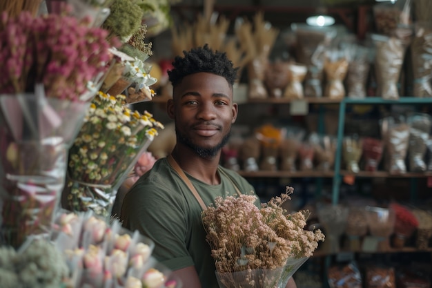 Photo gratuite portrait d'un homme travaillant dans un magasin de fleurs séchées