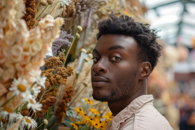 Portrait d'un homme travaillant dans un magasin de fleurs séchées