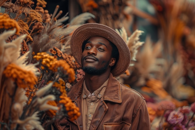 Photo gratuite portrait d'un homme travaillant dans un magasin de fleurs séchées