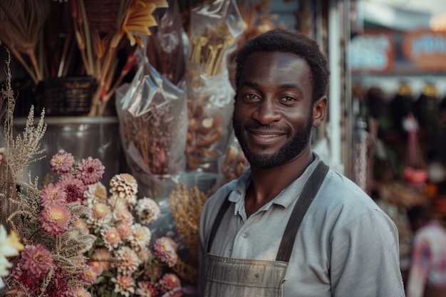Portrait d'un homme travaillant dans un magasin de fleurs séchées