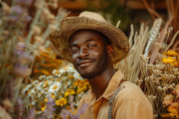 Portrait d'un homme travaillant dans un magasin de fleurs séchées