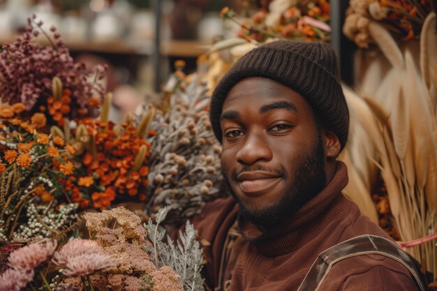Portrait d'un homme travaillant dans un magasin de fleurs séchées