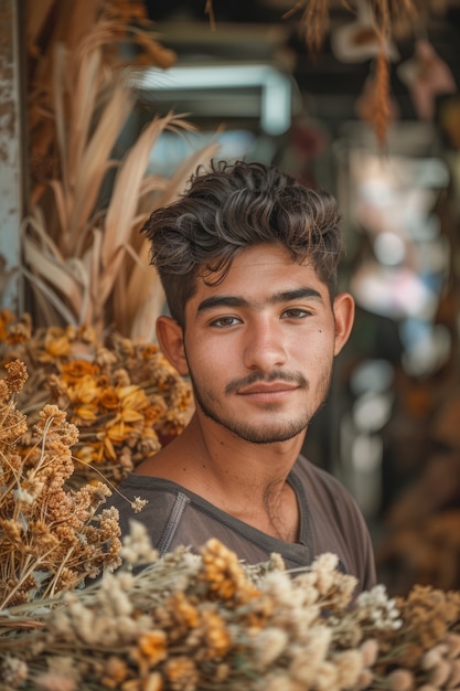 Portrait d'un homme travaillant dans un magasin de fleurs séchées