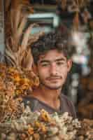 Photo gratuite portrait d'un homme travaillant dans un magasin de fleurs séchées