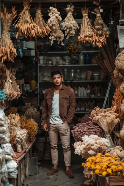 Portrait d'un homme travaillant dans un magasin de fleurs séchées