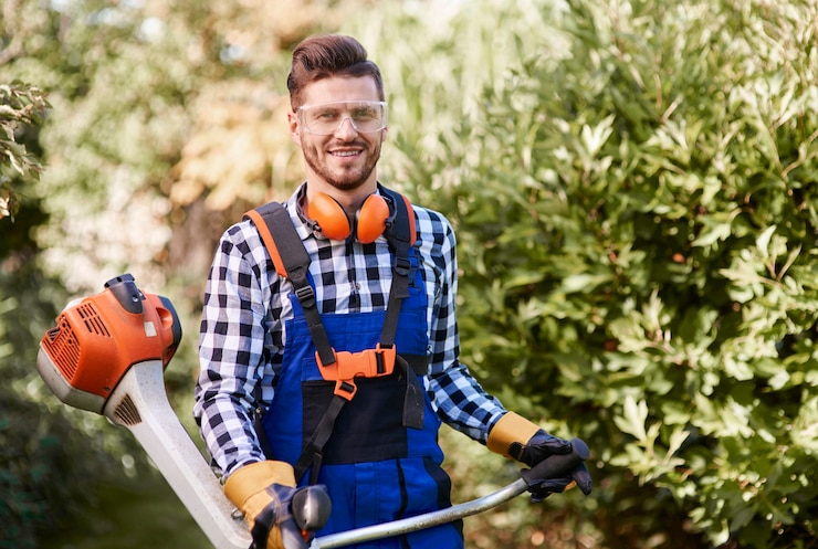 Photo gratuit portrait d'homme travaillant avec weedwacker