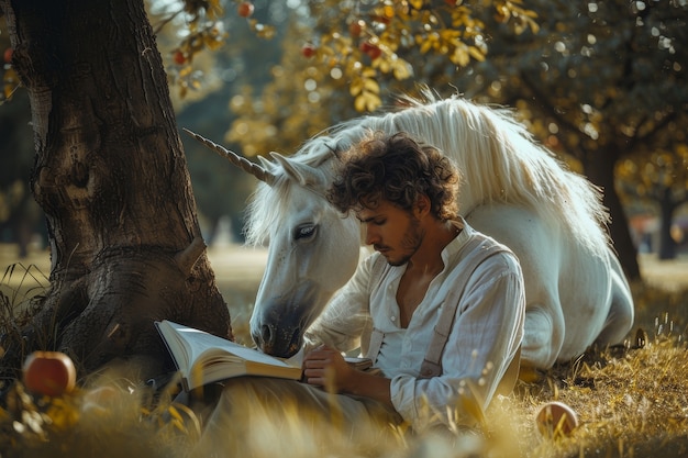 Photo gratuite portrait d'un homme avec un unicorne fantastique et une atmosphère cinématographique