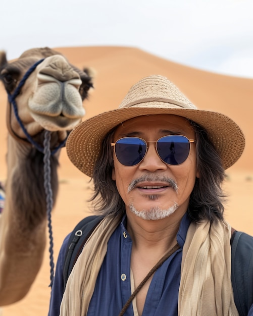 Photo gratuite portrait d'un homme visitant la ville luxueuse de dubaï