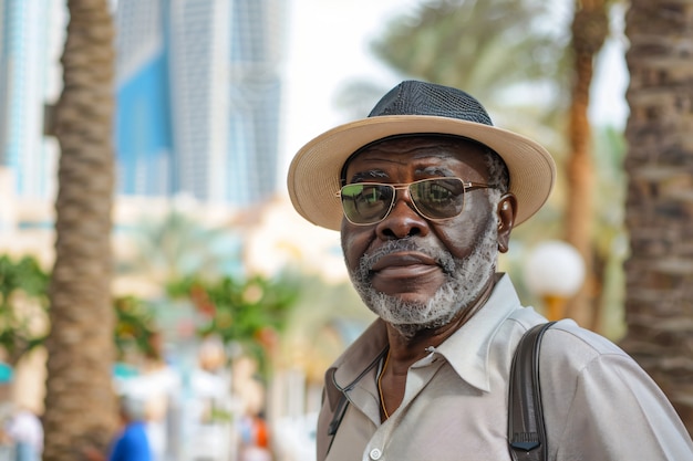 Photo gratuite portrait d'un homme visitant la ville luxueuse de dubaï
