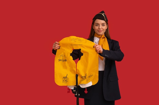 Portrait d'hôtesse de l'air avec veste gonflable