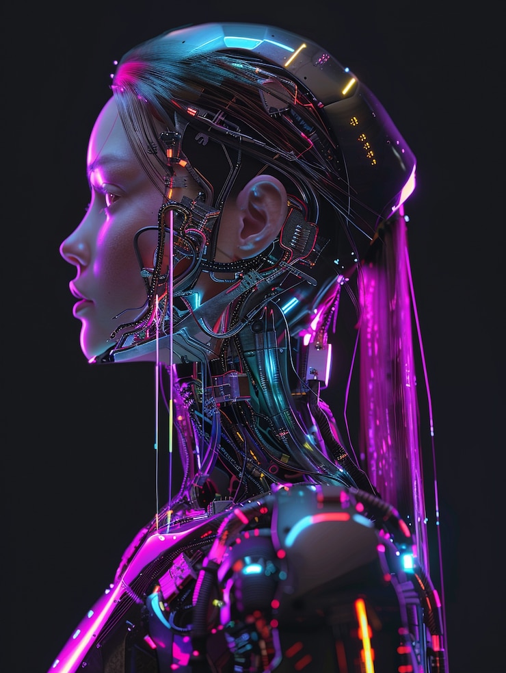 Photo gratuit portrait d'une humanoïde féminine futuriste avec une technologie avancée