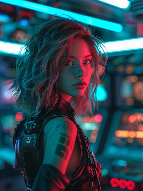 Portrait d'une humanoïde féminine futuriste avec une technologie avancée