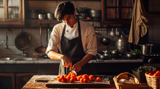 Portrait d'un jeune chef coupant des tomates fraîches d'un marché de producteurs locaux pour créer un concept de pizza