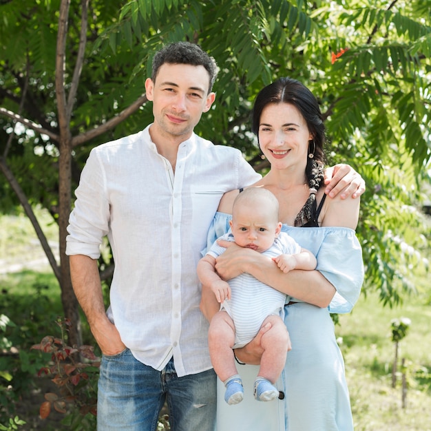 Portrait de jeune couple souriant avec leur bébé dans le parc