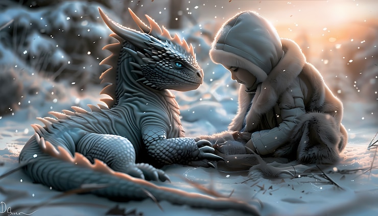 Photo gratuit portrait d'un jeune enfant avec un dragon surréaliste