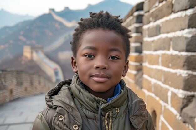 Portrait d'un jeune enfant touriste visitant la Grande Muraille de Chine