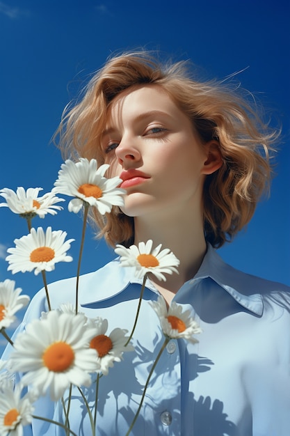 Portrait de jeune femme avec bouquet de fleurs