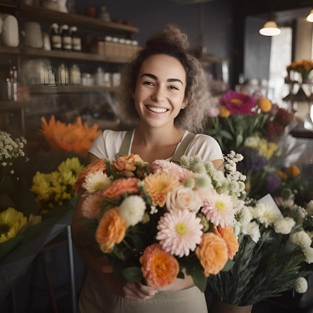 Photo gratuite portrait d'une jeune femme fleuriste dans sa boutique de fleurs