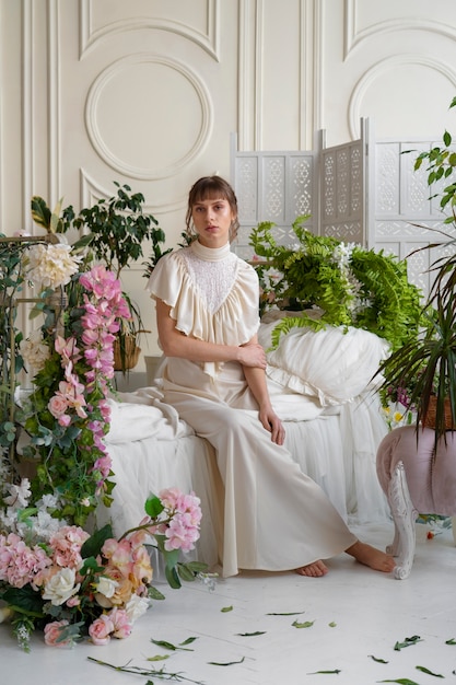 Portrait de jeune femme avec des fleurs vêtue d'une robe bohème chic