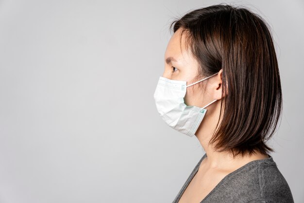 Portrait de jeune femme avec masque chirurgical