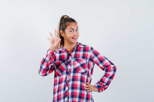 Portrait de jeune femme montrant le geste ok en chemise à carreaux et à la vue de face heureux